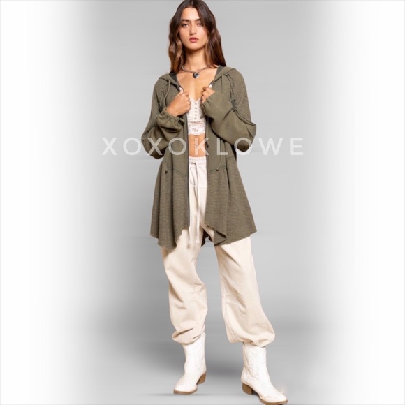 POL Olive Green Zip Up Hoodie Long Line Asymmetrical Hem - Picture 9 of 10